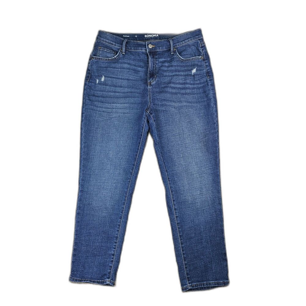 Sonoma Boyfriend Jeans 12 Medium Wash Distressed High Rise Denim